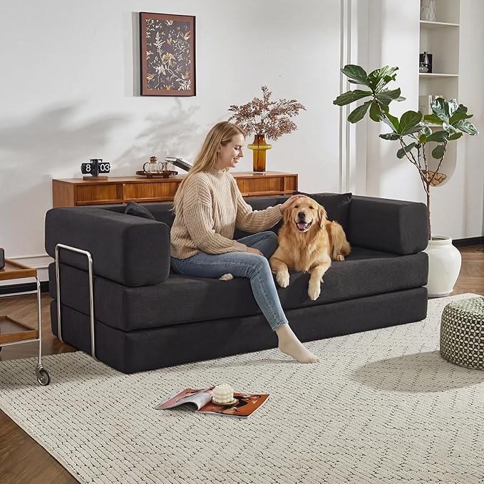4-in-1 Folding Convertible Sofa Bed King-Size Corduroy Sleeper with No Assembly Oversized Floor Couch for Living Room Bedroom and Guest Room