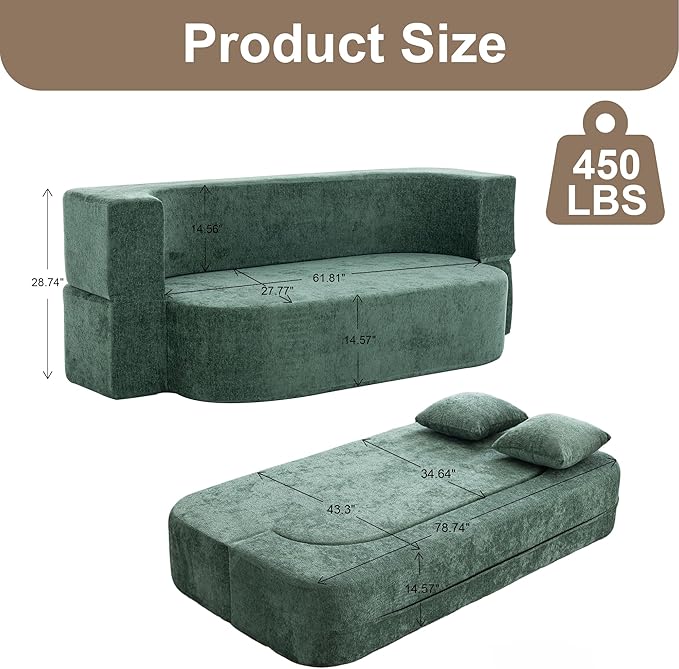 2 in 1 Convertible Sofa Bed 78.8 Modern Loveseat Sofa Couch Curved Folding Sleeper for Living Room Apartment Small Space No Assembly Required Green