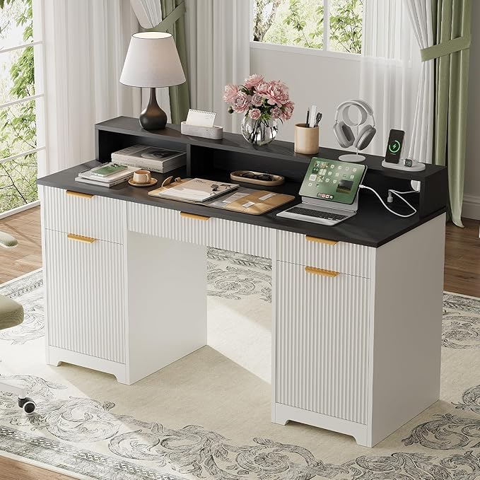 59 Executive Desk Fluted Office Desk with Power Outlets Long Monitor Stand Large Home Office Desks with 3 Drawers &amp 2 Storage Cabinet Computer Writing Desk for Study Bedroom White