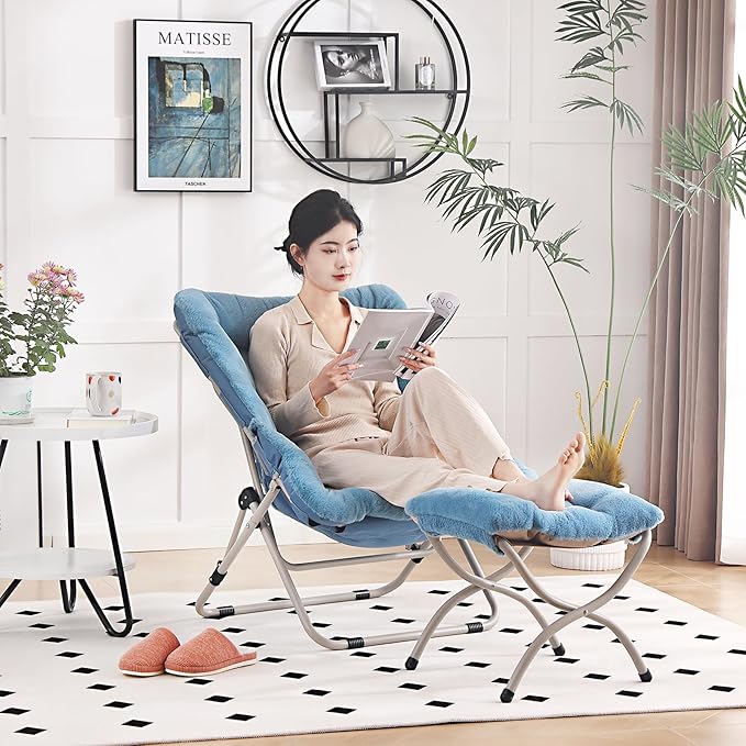 Saucer Chair with Ottoman Comfy Oversized Folding Chair Faux-Fur Reading Chair for Teens Adults Foldable Accent Lazy Chair Metal Frame Chair for Living Room Bedroom Blue