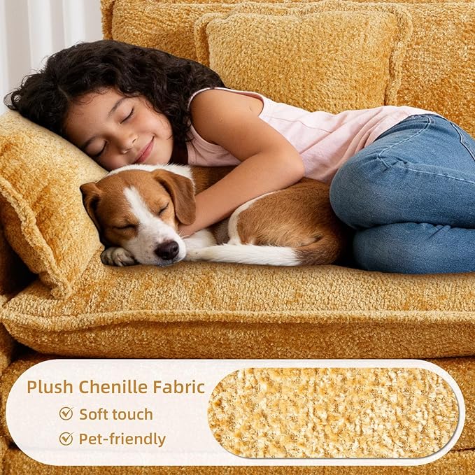 GNIXUU 112 Oversized Sectional Sofa Cloud Couch for Living Room Modern Chenille L Shaped Couch Comfy Boucle Modular Sofa Sleeper with Moveable Ottoman &amp Memory Foam(Musterd Yellow)