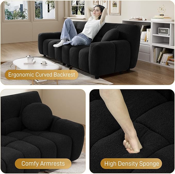 Modern Boucle Sofa Couch Comfy Deep Seat Teddy Cloud Couch 72.8 Upholstered Cozy Sherpa 2 Seater Couches with Pillows Oversized Loveseat Sofa for Living Room Apartment Black
