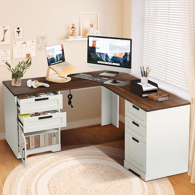 MAGIC UNION L Shaped Executive Desk with Drawers Home Office Desks with Charging Station File Drawer Lockable Adjustable Storage Cabinet Large Corner Computer Table for Work and Study (Brown)