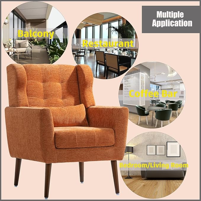 Modern Accent ChairChenille Fabric Reading Living Room Side ChairSingle Sofa with Wood Legs Armchair for Living Room Bedroom(Orange)