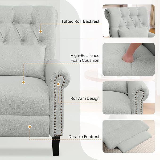 Pushback Recliner Chair Accent Push Back Chair Set of 2 with Adjustable Footrest Upholstered Linen Reclining Sofa with Side Pocket Comfy Modern Armchair for Living Room Light Grey