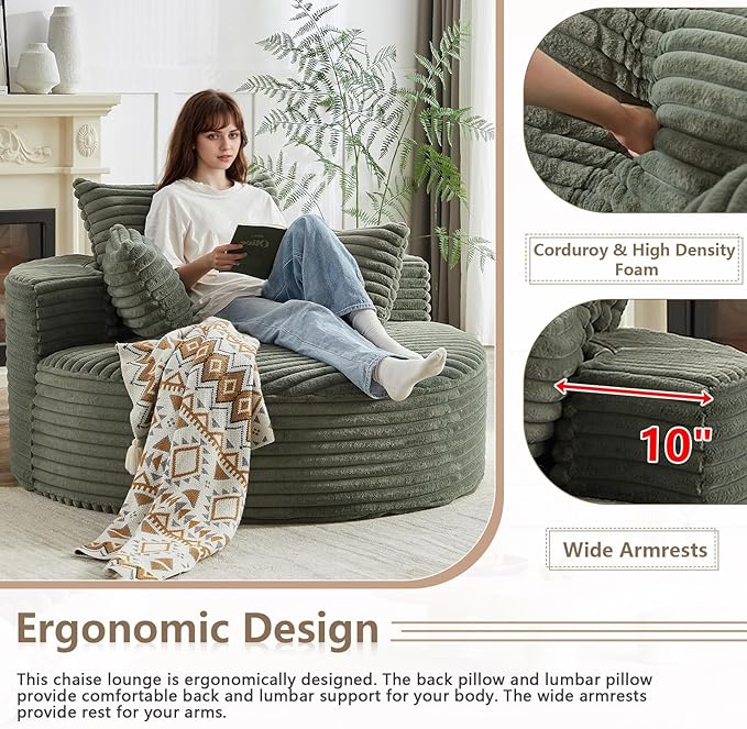 55''W Oversized Round Chair with PillowsComfy Corduroy Single ChairOversized Accent Chair with Deep Seat Modern Large Reading Chairs for Living Room &amp Bedroom (Green)