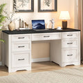 Farmhouse Executive Desk Wood Home Office Desk with 2 Large File Drawers and 5 Storage Cabinets Rustic Writing Desk for Work and Study Black
