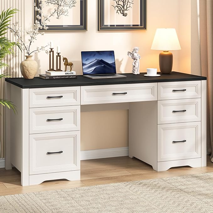 Farmhouse Executive Desk Wood Home Office Desk with 2 Large File Drawers and 5 Storage Cabinets Rustic Writing Desk for Work and Study Black