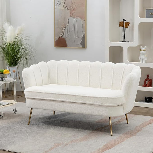 59 Wide Modern Boucle Loveseat Small Sofa Small Mini Room Couch 2-Seater Sofa with Gold Metal Legs for Space Office Studio Apartment Bedroom (Ivory)