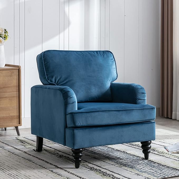 Midcentury Modern Accent Chair Velvet Arm Chairs Comfy Reading Chair Single Sofa Couch for Bedroom/Living Room/Salon Light Blue