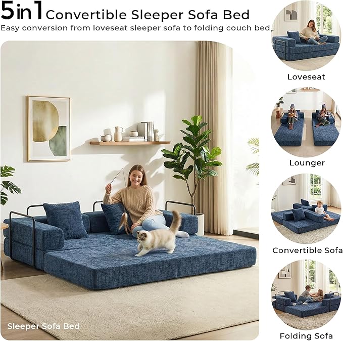 WELAX 77 Convertible Sleeper Sofa Bed Boneless Cloud Queen Futon Couches with 2 Pillows &amp Removable Armrests Chenille Folding Floor Couch No Assembly for Bedroom Living Room Blue