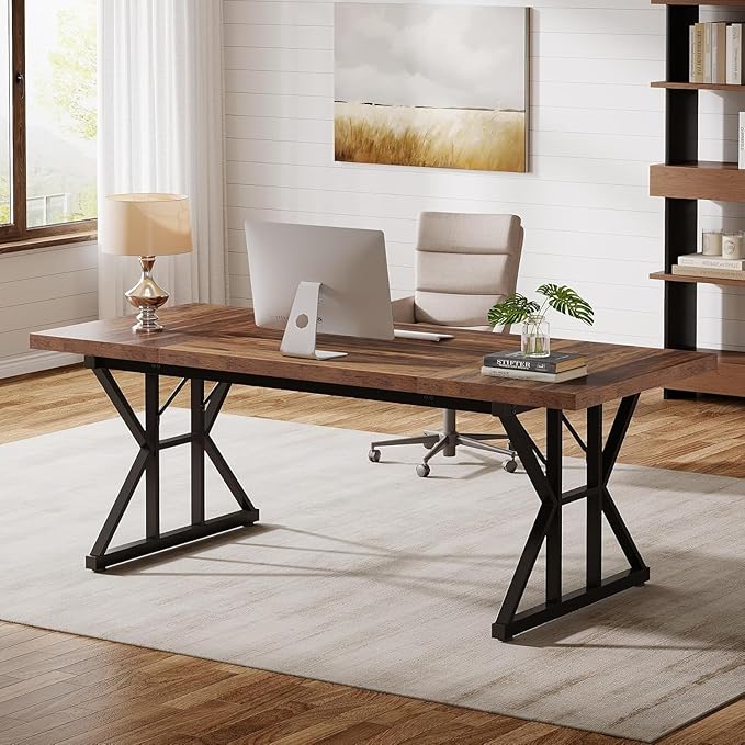 Tribesigns 70.86-Inch Large Executive Desk Industrial Home Office Computer Desk Simple Long Writing Study Table Business Furniture (Brown/Black)