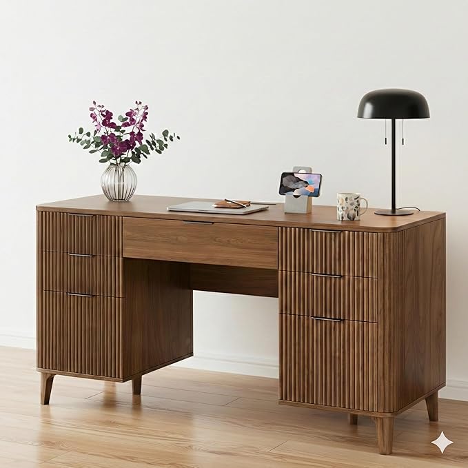Walnut Desk with Drawers 55 Fluted Executive Desk with Storage Cabinet Wood Home Office Desk with File Cabinet Modern Computer Writing Desk for Study Living Room Bedroom