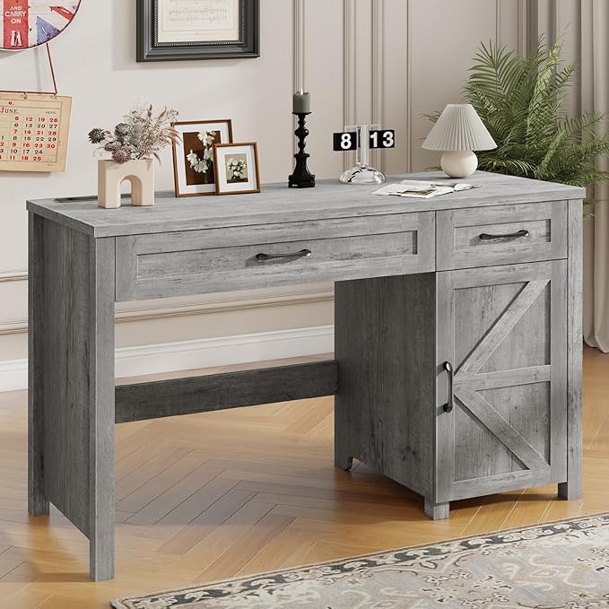 Farmhouse 47 Executive Desk Computer Desk with Drawers and Storage Cabinet Workstation for Home Office and Study.(Grey)