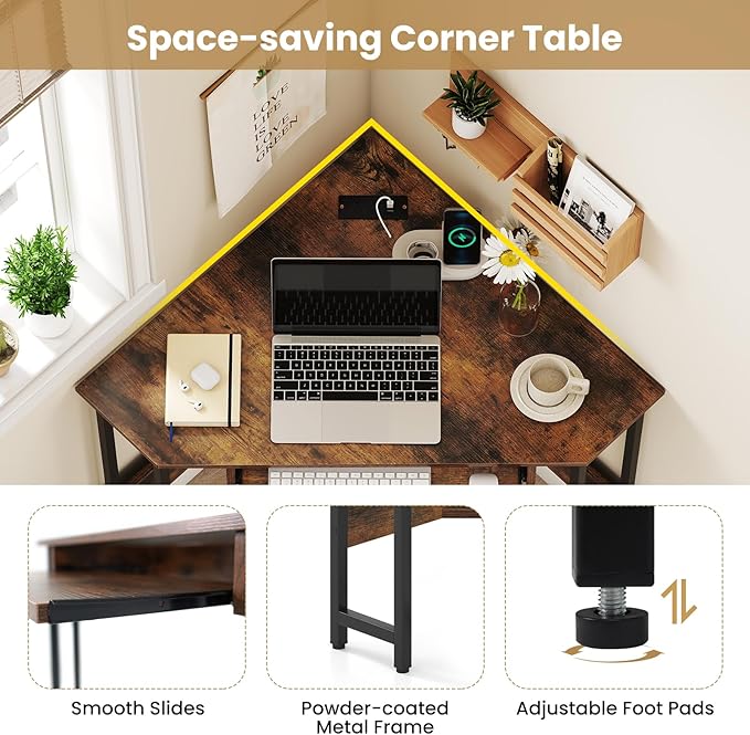 Giantex Small Corner Desk with Charging Station Triangle Computer Desk with Keyboard Tray &amp Storage Shelf Metal Corner Writing Desk for Bedroom Small Space Home Office Black &amp Rustic Brow