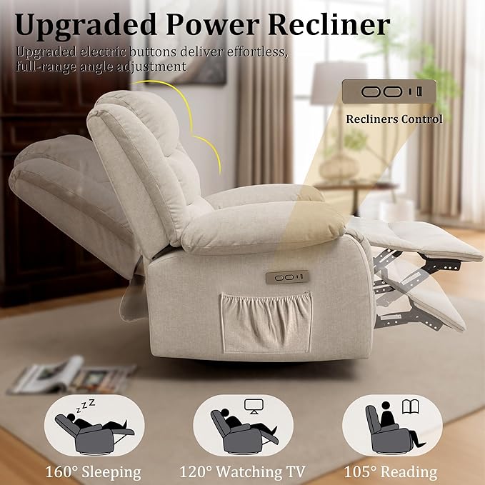 Power Recliner Chair Electric Rocker Recliner with Massage and Heat 270° Swivel Glider Oversized Wide Seat with USB Port Cashmere Nursery Chair for Living Room Beige