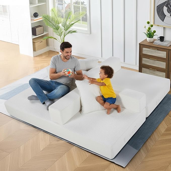 4-in-1 Convertible Folding Sofa Bed 79 Oversized Corduroy Upholstered Boneless Couch Loveseat Sleeper Sofa Bed Floor Sofabed Modular Futon Couch for Living Room Bedroom Lounge (Cream)