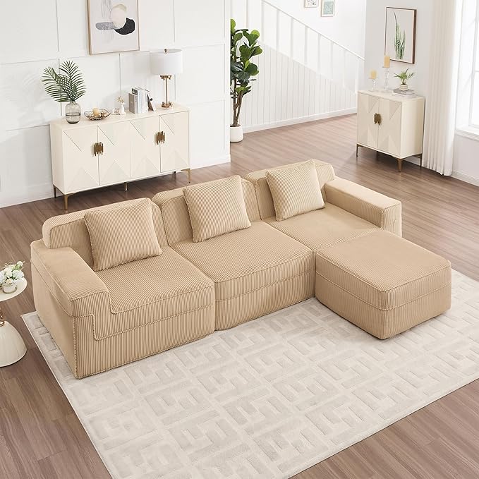 4 Seater L Shape Sectional Boneless Sofa117.3 Cloud Sectional Couch with Deep Seat No Assembly Required Throw Pillows and 1 Movable Ottoman Corduroy Fabric Camel