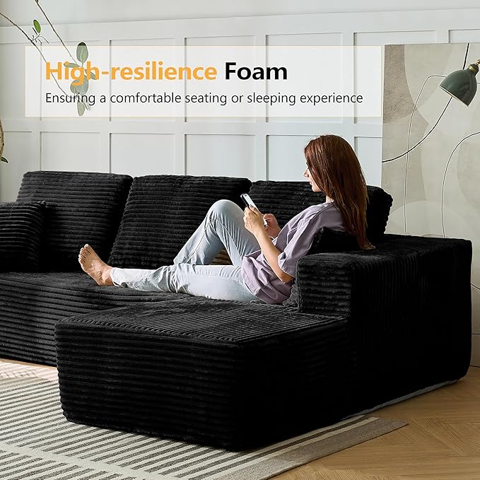 104 L-Shaped Cloud Sectional Sofa with Oversized Chaise Modular 3-Seater Corduroy Couch for Living Room &amp Bedroom Deep Seat No Assembly Required (Black L Shape with Right FacingChaise)