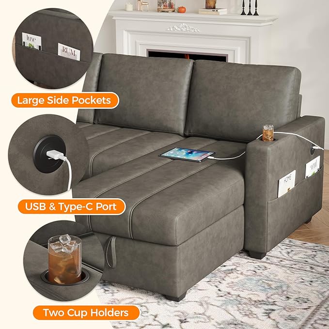 Fadware 89” L Shape Sofa Sleeper Sectional Sofa Bed with Hidden Storage&amp Side Pocket Anti-scratch Faux Leather Couch Bed with ChargePort&amp CupHolder Modern Piano Design Pull Out Couch for Li