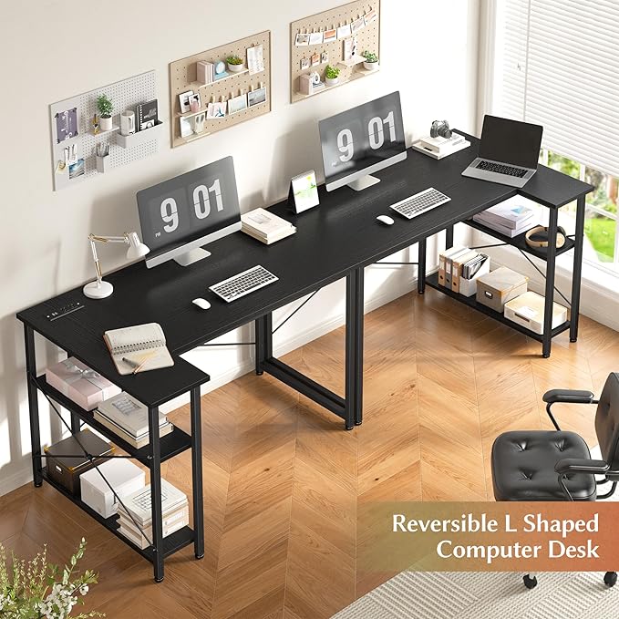 EnHomee 48 L Shaped Desk Office Desk with Power OutletsComputer Desk with Reversible Storage Shelves &amp Side BagSmall Gaming Desk for Gaming Working Small Space Home Office BedroomBlack