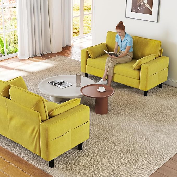 kinbor Small Couches for Small Spaces - Set of 2 Modern Loveseat Sofa with Magazine Pockets &amp Detachable Cover Durable Foam Couch for Living Room Office Salon Mustard Yellow