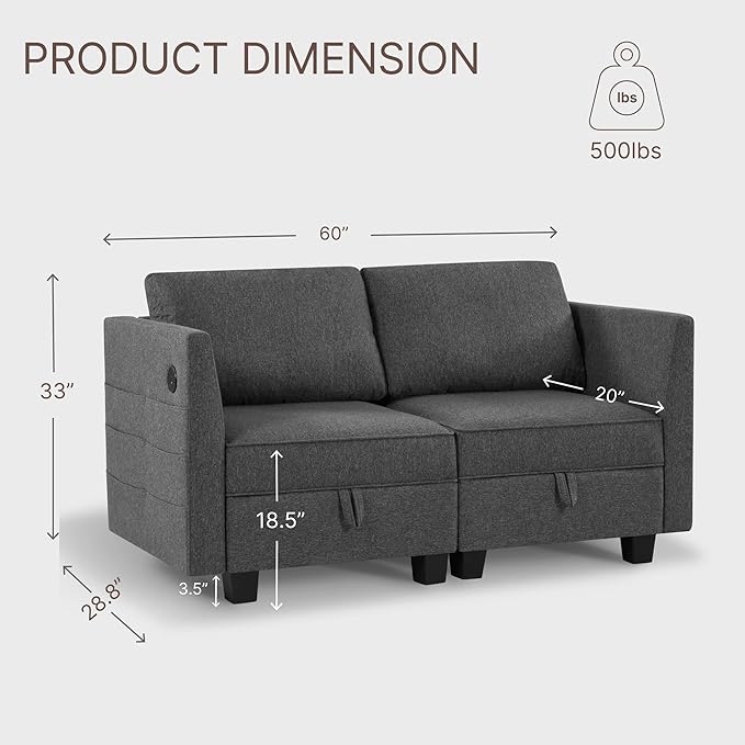 Modular Sectional Sofa 60 Loveseat with Storage Modern Convertible Couch with USB Port for Small SpaceApartmentBedroom