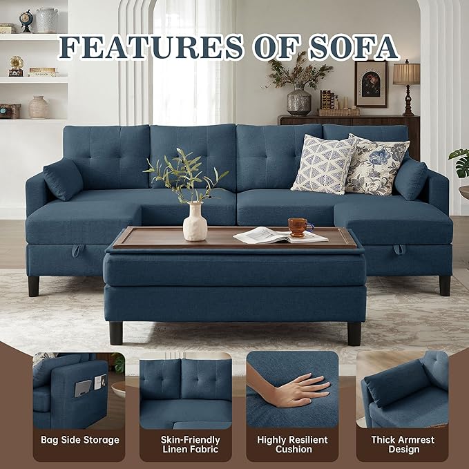 101 Convertible Sectional Sofa Modern Linen Fabric U-Shaped Couch with Reversible Chaises and Ottoman Coffee Table 4 Seat Sofa Couches for Living Room Apartment Office Blue