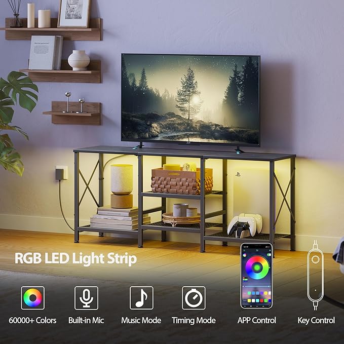 TV Stand with LED Lights for 55 Inch TV Entertainment Center with 3-Tier Open Shelves TV Console Table for Living Room Bedroom Black