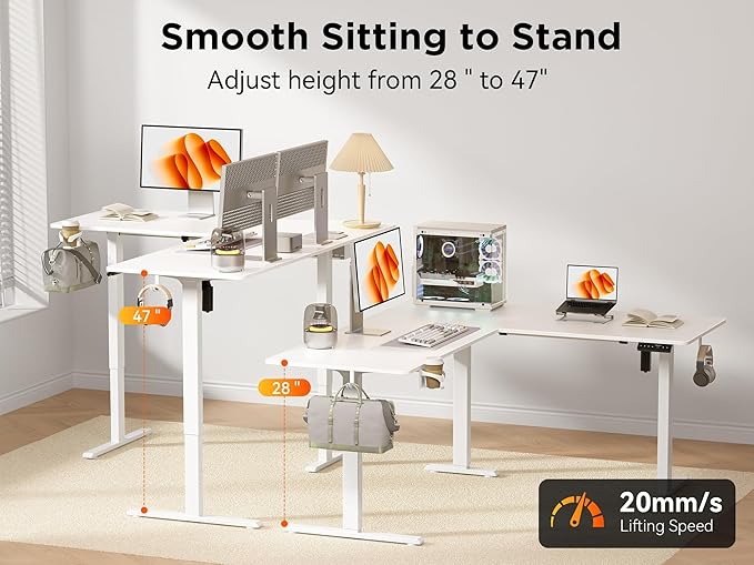 75x61 Inches Reversible L Shaped Standing Desk Height Adjustable with Cup Holder Electric Corner Computer Workstation for Home Office Ergonomic Sit Stand up Gaming Desk White