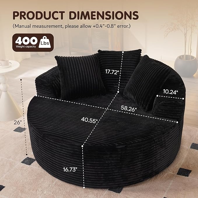 ovios 58 Oversized Round Chair Lounge Chaise Indoor No Assembly Required Cloud Large Circle Chair with Plush Fuax Fur Fluffy Modern Sleeper Sofa Bed for Reading Yoga Black (Plush Corduroy Fabric)