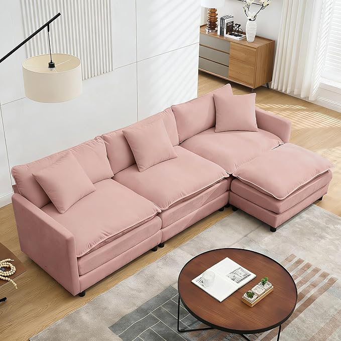 Modular Sectional Sofa108.27'' Modern Sofa Sleeper Couch with 3 Seat &amp 1 Ottoman &amp 3 pillows Sofa SetComfy Cloud Couches with Movable Ottoman Deep Seat Sofa for Living Room Chenille (pink L