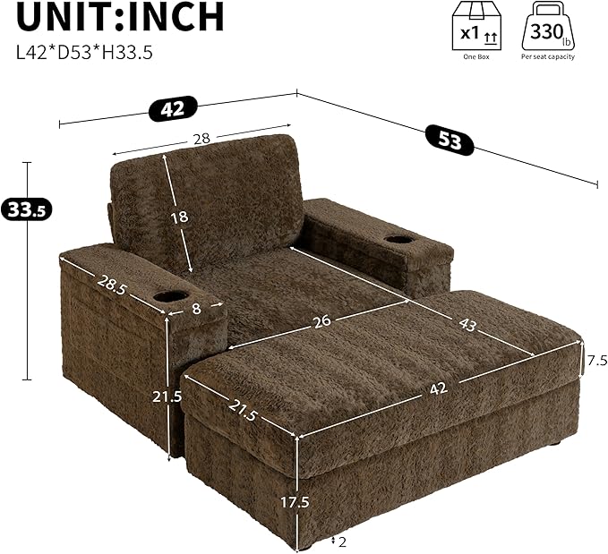 Furniliving 42‘’ Oversized Chair with Storage Ottoman Luxury Faux Rabbit Fur Single Sofa Couch with Cup Holder and Side Pockets Upholstered Chaise Lounge for Living Room Apartment Brown