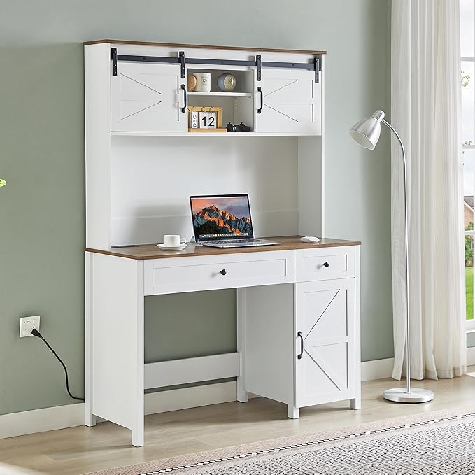 47 Farmhouse Executive Desk with Drawers Wood Home Office Desk wCharging Station File Drawer Storage Cabinet Rustic Computer Writing Desk (Antique White)