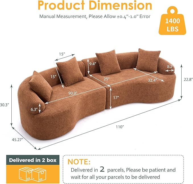 Oversized Sectional Sofa for Living Room 110 Modern Luxury Chenille 4-Seater Extra Deep &amp Wide Seat Curved Cloud Couch with 4 Throw Pillows No Assembly Needed Cream Camel
