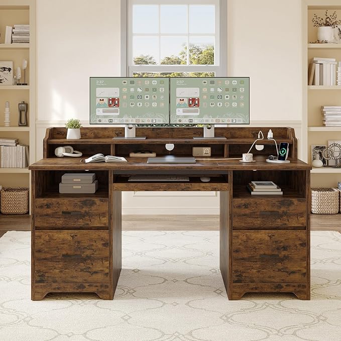 Bestier Farmhouse 59 Executive Desk with Drawers Wood Computer Desk with Charging Station Home Office Desk with Keyboard Tray &amp Monitor Stand Sturdy Pedestal Desk for Work Study Rustic Brown