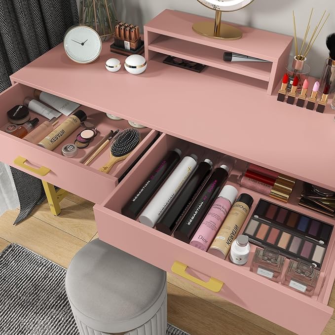 WESTREE Women Makeup Vanity Desk with 2 Drawers - Bedroom Home Office Desk Wooden Height Monitor Stand &amp Storage Shelf Without Mirror Pink Table Great Gift for Her