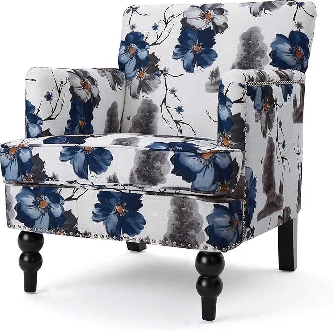 Modern Accent Chair with Arms Wooden Mid Century Upholstered Fabric Single Sofa Chair Armchair High Back Rest Comfortable Cushioned Seat for Living Room Bedroom Floral Print