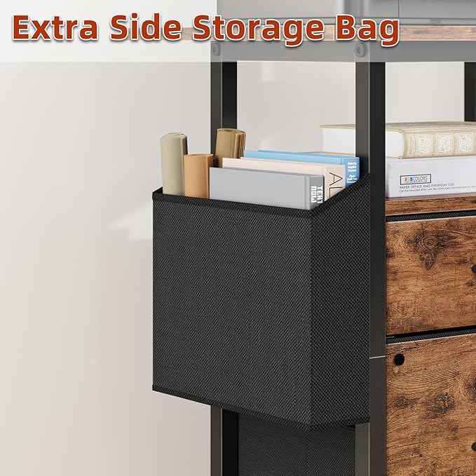 GYIIYUO 2 Drawer File Cabinet with 24'' Extended Desktop Mobile Filing Cabinet Rolling File Cabinet with Side Bag Fabric Drawer Fits A4/Letter Size Printer Stand Home Office Light Brown