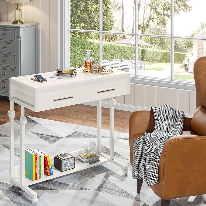 Tribesigns Portable Desk with Drawers Mobile Laptop Desk with Wheels Sofa Side Table Bed Desks Small Standing Desk for Home Office (White)