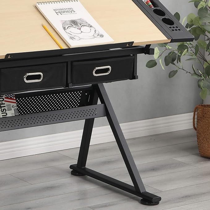 Adjustable Drawing Table Desk with 2 Drawers for Home Office and School with Stool(Wood)
