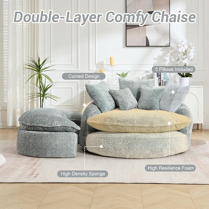 54 Round Chaise Lounge with Ottoman Big Bean Bag Round Sofa Bed Oversized Round Couch Boneless Reading Chair Comfy Plush Chenille Large Chaise Chair for Living Room Apartment Blue Gray