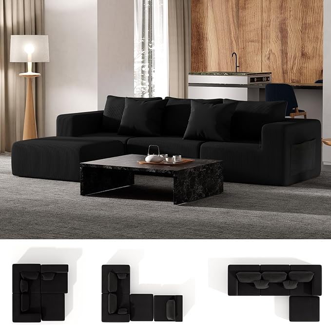 Modern Cloud Sectional Couches for Living Room Convertible L-Shape Boneless Couches with Ottoman 3 Seater Corduroy Modular Sectional Sofa with Pockets No Assembly (Black) | Sectional Couches L-Shap