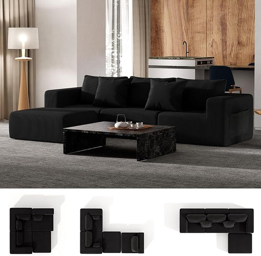Modern Cloud Sectional Couches for Living Room Convertible L-Shape Boneless Couches with Ottoman 3 Seater Corduroy Modular Sectional Sofa with Pockets No Assembly (Black) | Sectional Couches L-Shap