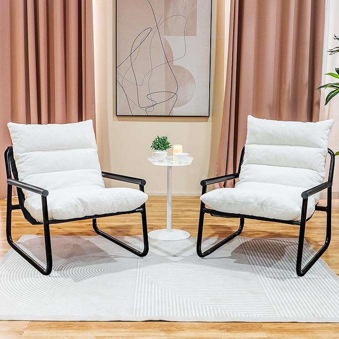 Accent Chair with Arms Living Room Chair with Cushion Comfy Chairs Padded Patio Leisure Lounge Chair Sturdy Comfy for Reading Nook &amp Bedroom 200Lbs Capacity(White 1-2)