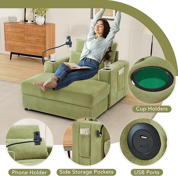 Eafurn 42.5 Oversized Accent Chair with Storage Ottoman Convertible Chaise Lounge Chenille Upholstered Cloud Sofa Chair w/Cupholders and USB Ports Modern Extra Wide Armchair
