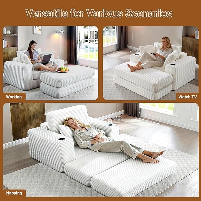 53 Oversized Chaise Lounge Chair Indoor Modular 3-in-1 Corduroy Boneless Chair Cloud-Like Cozy Comfy Sofa Bed Sleeper Couch for Reading Living Room Bedroom Beige