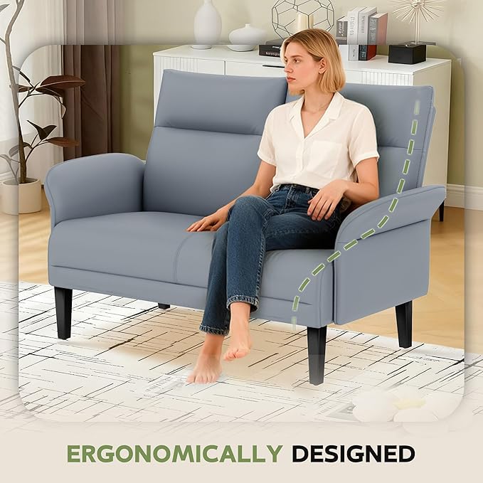 Love Seat Mini Couch Small Settee Loveseat Bench for Living Room Bedroom Office Faux Leather Loveseat Small Sofa Couches with Padded Cushion Grey
