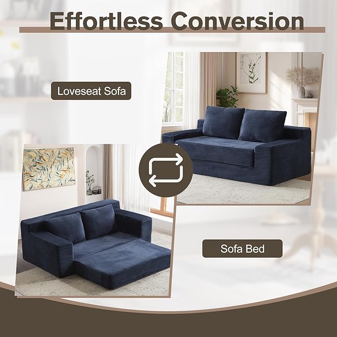 71 Oversized Loveseat Pull Out Sofa 2 in1 Convertible Loveseat Sofa with Pillows Corduroy Folding Couch Bed with Deep Seat Boneless Couch for Small Room No Assembly Required Dark Blue