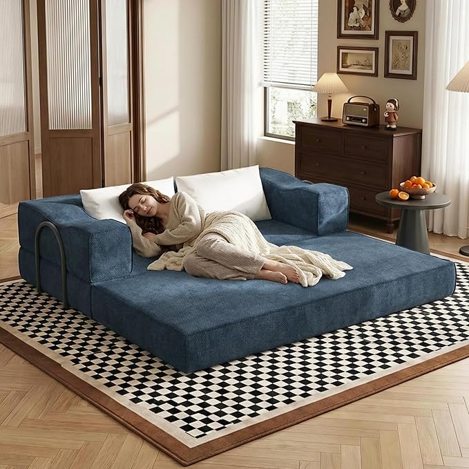 80 Foldable Chenille Futon Sofa Bed 4-in-1 Convertible Couch with 2 Pillows King-Size Floor Lounger for Living Room Guest Room Dorm - No Assembly (Blue 80in)